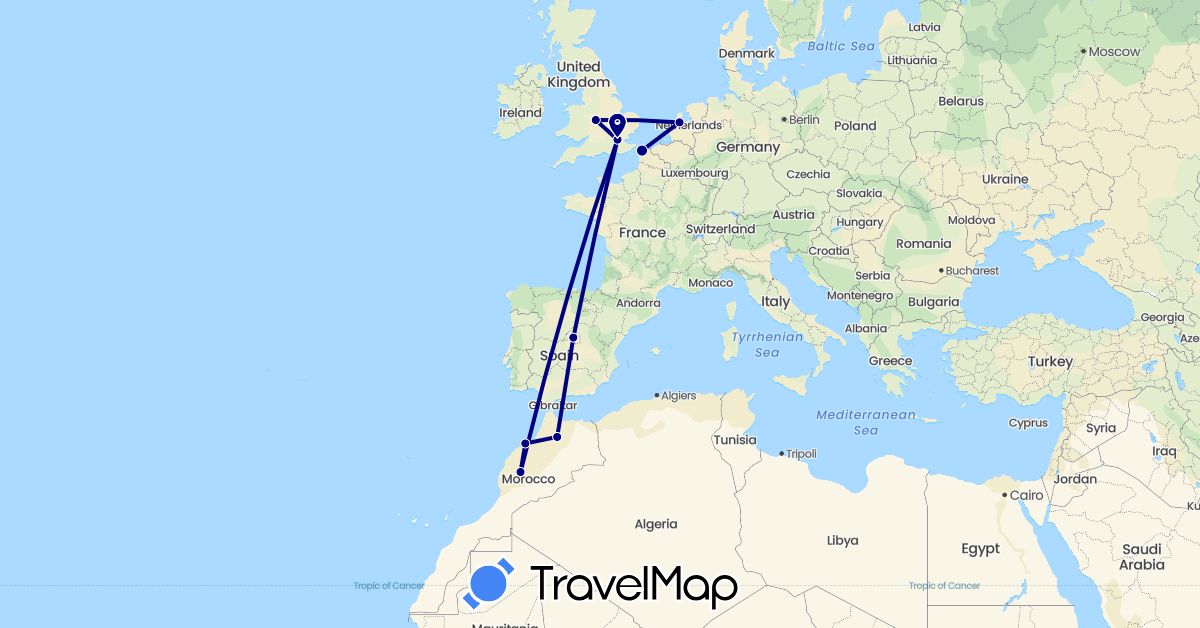 TravelMap itinerary: driving in Spain, France, United Kingdom, Morocco, Netherlands (Africa, Europe)
